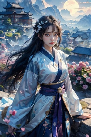 Anime Style, masterpiece, top quality, super detailed, official art, 1 girl, delicate facial features, perfect eyes, looking at viewer, wearing Hanfu, waist-up view, Long lens photo, pastel colors, realistic, 16K, mountains , valley, sun and moon silhouettes romantic sky, flowers, light roses, stunning light, photorealism, line art., 