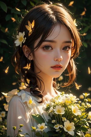 1 girl, dreamy background, flowers, subtle light, Close-up, colorful, wonderful, unique, joy, beautiful to look at, breathtaking,firefliesfireflies,fancy light