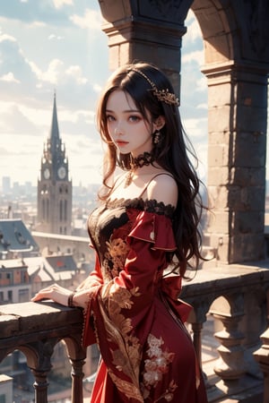Close-up of a beautiful girl in red gothic dress looking at the camera standing in a bell tower overlooking a big city. Detailed background, masterpiece, realistic.1 girl
