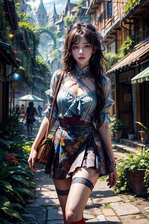 masterpiece, high image quality, high resolution, ultra-realistic, a girl with exquisite facial features, wearing a short skirt, walked into a small town that was like a fairyland on earth.,Add more details