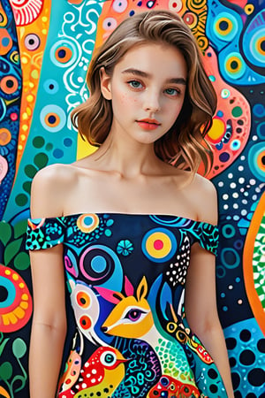 Masterpiece, highest quality, high resolution, of a girl, with exquisite features, wearing an off-the-shoulder dress featuring various abstract and stylized creatures in vibrant and whimsical artistic patterns.,better photography,xxmix_girl