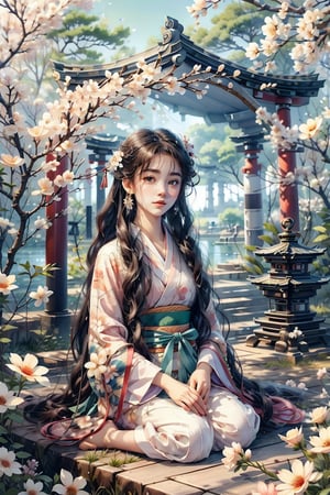 1 girl, with delicate features, wearing a traditional kimono with soft pink and white floral patterns and flowers in her hair. Sitting under a tree, whose branches form a natural canopy of a lake, a Japanese shrine, her serene expression casts dappled sunlight, embodying tranquil beauty and divine grace.,CrclWc