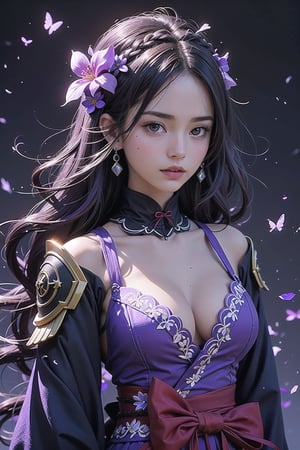 cosplay, thunder shogun, braids, medium breasts, hair flower, looking at viewer, long hair, purple hair, ribbon, mole, shut up, purple flower, shoulder armor, japanese clothing, hair accessory, kimono, flower, armor, Solo, purple eyes, cleavage, purple kimono, 1girl, upper body,raiden_shogun_genshin,midjourney,1 girl