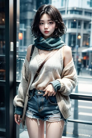 1girl, short black hair, scarf, sweater, ripped denim shorts, solo, standing, shut up, Waist-up view.