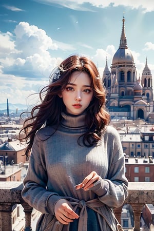 Masterpiece, best quality, high resolution, 8K, a girl with delicate features, long brown hair, azure eyes, wearing a turtleneck, waist-up view, looking into the camera, sharp focus, St. Peter's Basilica in the background, gorgeous Architecture, epic skies.