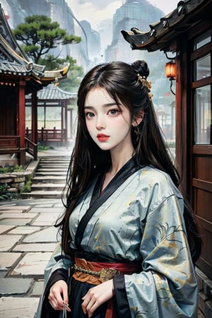 1girl, pencil sketch mixed with Chinese ink style, long brown hair, charming and beautiful face, Hanfu, ancient house background, Unreal Engine rendering, masterpiece.