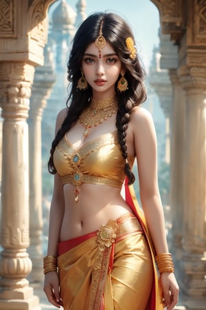 Indian model stands in front of an ancient temple with intricately carved stone pillars and arches in the background. She wore a gorgeous golden silk saree with jasmine flowers in her braids, a bindi and earrings, and golden bangles on her wrists. Her eyes are deep and the scene is solemn, showing the timeless beauty of India's ancient culture.
