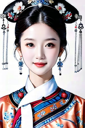 Classical beauty, 20 years old, with delicate features, thin face, big eyes, pointed chin, necklace, hair accessories, gorgeous Qing Dynasty palace costumes, looking at the camera, 3/4 view, color, pencil sketch, charcoal drawing, intricate, high resolution, High resolution, perfect proportions, perfect composition, a masterpiece.