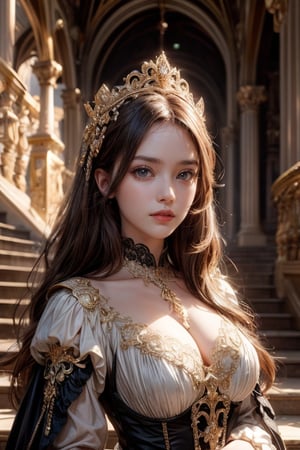 Masterpiece, high quality, perfect face, close-up of 1 girl with long brown hair, wearing gorgeous gothic clothes and looking into the camera, rococo style environment, grand castle hall with ornate columns and wide staircase, Extremely detailed, full color, intricate details, best quality, HDR, dynamic lighting, perfect anatomy, realistic, wide angle shooting, perfect composition.,1 girl