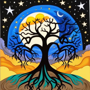 ygdrassil, tree, earth, roots, foilage, night background, moon, sun, stars, more detail XL