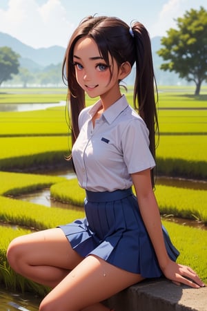 twin_tails_long_hair,activity,body sweat,full_body,
,Ricefield,beautiful 15 year old teen girl,forehead,detailed_face,thai,bigsmile,redcheek
school_uniform(WhiteTshirt,BluefilletSkirt)


