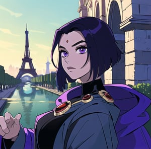 masterpiece, best quality, absurdities, high resolution, 8k, ray tracing, intricate details, highly detailed, (girl: Perfect face,detailed body, purple eyes, black hair,big ass, big breats) Raven in Paris, close to the tower Uaiffel, historical monument, detailed uaiffel tower, perfect uaiffel tower, detailed trees 