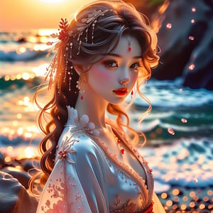 A stunning cinematic photo of an alluring anime woman, her entire body elegantly elongated, exuding exquisite beauty. The image is captured in high-contrast, warm-toned digital photography, highlighting the subtle dance of light on her porcelain skin. Her delicate features are rendered with lifelike precision, from her whisper-thin eyelashes to her full, rosy lips, set against a backdrop of soft, gradient blues and purples, evoking a mystical, dreamlike atmosphere. Vibrant crimson accents adorn her luxurious, flowing attire, adding a sense of opulence and mystique, as her piercing emerald gaze invites the viewer into her intimate, mystical realm.

In an enchanting beach scene at sunset, thousands of colorful, brightly glowing stones and pebbles are scattered along the shoreline. The stones emit vibrant hues of translucent green, purple, blue, and white, creating a magical and ethereal atmosphere. The gentle waves of the ocean are softly illuminated by the warm, golden light of the setting sun, enhancing the serene and mystical ambiance of the scene.