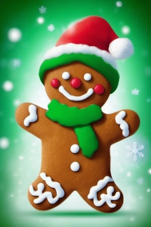 Masterpiece, gingerbread man, happy, wearing red Christmas hat, red scarf, snowflakes, in a green background, halo, soft lighting 