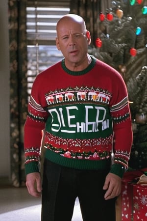 Bruce Willis wearing a Christmas jumper that reads Die Hard is a Christmas Movie opening a present and looking happy