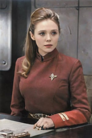 Elizabeth Olsen in a 1960s Star Trek officer in her red scant uniform as worn by Nichell Nicholls on the USS Enterprise as painted by Keith Birdsong