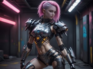 Female cyberpunk, neon clothing cyberpunk 2099, the left arm is cybernetic and chrome. Eshot om Kodak Gold 400,mecha,cyborg style,,<lora:659095807385103906:1.0>,<lora:659095807385103906:1.0>,<lora:659095807385103906:1.0>