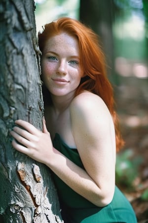 red haired woman with green eyes, freckles, looking sensual, smiling warmly, natural beauty, topless, full length body shot, leaning against a tree in a wooded area on a sunny day shot on Kodak Gold 400