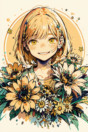 Illustration, masterpiece, 1girl, female_solo, upper_body, looking_at_viewer, golden_eyes, yellow theme, chromatic color,watercolor,lineart, :), flower_hair_ornament, basic_background,  happy_face, happiness!, yellow halftone, yellon color grading