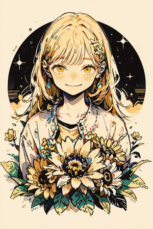 Illustration, masterpiece, 1girl, female_solo, upper_body, looking_at_viewer, golden_eyes, yellow theme, chromatic color,watercolor,lineart, :), flower_hair_ornament, basic_background,  happy_face, happiness!, yellow halftone, yellon color grading