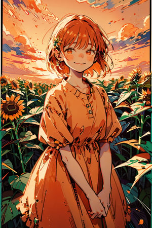 Illustration, masterpiece, 1girl, female_solo, upper_body, looking_at_viewer, orange_eyes, tangerine theme, chromatic color,watercolor,lineart, tangerine bloomers, happy vibes, orange fruit hair ornament, happy_face, perfect, short_hair, tangerine dress, tangerine hair, sunflower fields, orange skies, sunset