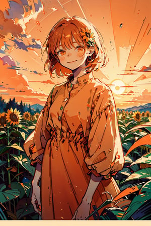 Illustration, masterpiece, 1girl, female_solo, upper_body, looking_at_viewer, orange_eyes, tangerine theme, chromatic color,watercolor,lineart, tangerine bloomers, happy vibes, orange fruit hair ornament, happy_face, perfect, short_hair, tangerine dress, tangerine hair, sunflower fields, orange skies, sunset