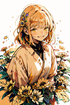 Illustration, masterpiece, 1girl, female_solo, upper_body, looking_at_viewer, golden_eyes, yellow theme, chromatic color,watercolor,lineart, smiling, flower_hair_ornament, basic_background