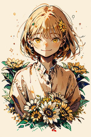 Illustration, masterpiece, 1girl, female_solo, upper_body, looking_at_viewer, golden_eyes, yellow theme, chromatic color,watercolor,lineart, :), flower_hair_ornament, basic_background,  happy_face, happiness!