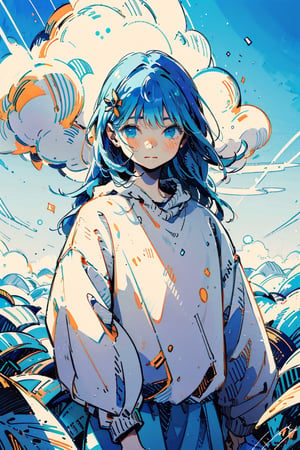 Illustration, masterpiece, 1girl, female_solo, upper_body, looking_at_viewer, blue_eyes, light blue theme, chromatic color,watercolor,lineart, blue bloomers, wavy_hair, chill vibes, skies hair ornament, timid face, perfect, long_hair, sweater, light_blue_hair