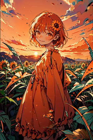 Illustration, masterpiece, 1girl, female_solo, upper_body, looking_at_viewer, orange_eyes, tangerine theme, chromatic color,watercolor,lineart, tangerine bloomers, happy vibes, orange fruit hair ornament, happy_face, perfect, short_hair, tangerine dress, tangerine hair, sunflower fields, orange skies, sunset