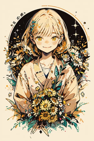 Illustration, masterpiece, 1girl, female_solo, upper_body, looking_at_viewer, golden_eyes, yellow theme, chromatic color,watercolor,lineart, :), flower_hair_ornament, basic_background,  happy_face, happiness!