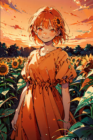 Illustration, masterpiece, 1girl, female_solo, upper_body, looking_at_viewer, orange_eyes, tangerine theme, chromatic color,watercolor,lineart, tangerine bloomers, happy vibes, orange fruit hair ornament, happy_face, perfect, short_hair, tangerine dress, tangerine hair, sunflower fields, orange skies, sunset