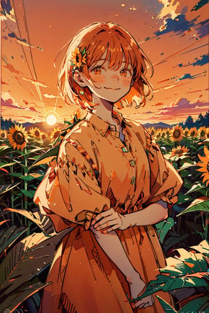 Illustration, masterpiece, 1girl, female_solo, upper_body, looking_at_viewer, orange_eyes, tangerine theme, chromatic color,watercolor,lineart, tangerine bloomers, happy vibes, orange fruit hair ornament, happy_face, perfect, short_hair, tangerine dress, tangerine hair, sunflower fields, orange skies, sunset