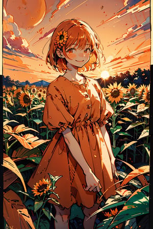 Illustration, masterpiece, 1girl, female_solo, upper_body, looking_at_viewer, orange_eyes, tangerine theme, chromatic color,watercolor,lineart, tangerine bloomers, happy vibes, orange fruit hair ornament, happy_face, perfect, short_hair, tangerine dress, tangerine hair, sunflower fields, orange skies, sunset