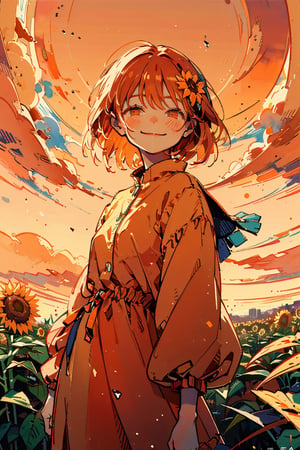 Illustration, masterpiece, 1girl, female_solo, upper_body, looking_at_viewer, orange_eyes, tangerine theme, chromatic color,watercolor,lineart, tangerine bloomers, happy vibes, orange fruit hair ornament, happy_face, perfect, short_hair, tangerine dress, tangerine hair, sunflower fields, orange skies, sunset