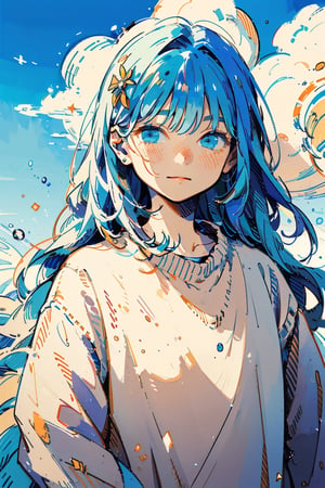 Illustration, masterpiece, 1girl, female_solo, upper_body, looking_at_viewer, blue_eyes, light blue theme, chromatic color,watercolor,lineart, blue bloomers, wavy_hair, chill vibes, skies hair ornament, timid face, perfect, long_hair, sweater, light_blue_hair