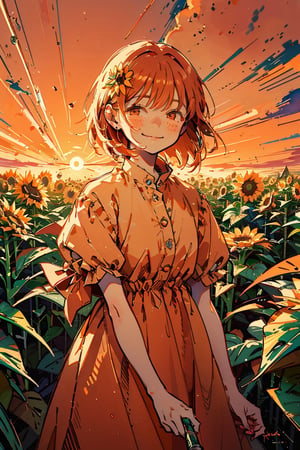 Illustration, masterpiece, 1girl, female_solo, upper_body, looking_at_viewer, orange_eyes, tangerine theme, chromatic color,watercolor,lineart, tangerine bloomers, happy vibes, orange fruit hair ornament, happy_face, perfect, short_hair, tangerine dress, tangerine hair, sunflower fields, orange skies, sunset