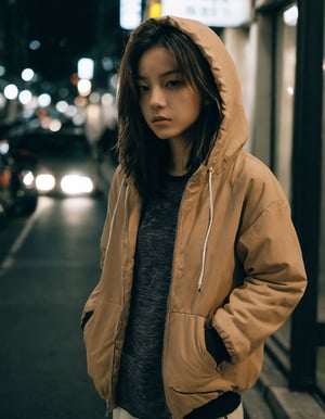 xxmixgirl, 16 year-old girl,  deep photo, depth of field, Superia 400, shadows, messy hair, full body, tan lines,  cotton padded jacket,hoodie,look aside, shot(from_side:1.9), nighttime，street view