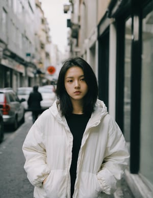 xxmixgirl, 16 year-old girl,  deep photo, depth of field, Superia 400, shadows, messy hair, full body, tan lines,  cotton padded jacket,hoodie,look aside,shot(from_side:1.9), eating