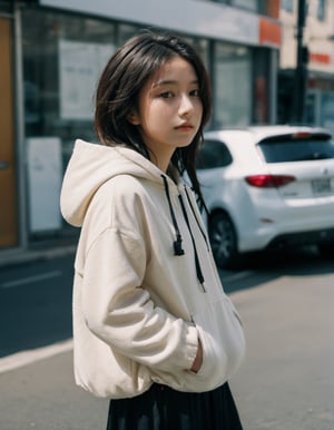 xxmixgirl, 16 year-old girl,  deep photo, depth of field, Superia 400, shadows, messy hair, full body shot, tan lines，  cotton padded jacket，hoodie，look aside，shot(from_side:1.6)