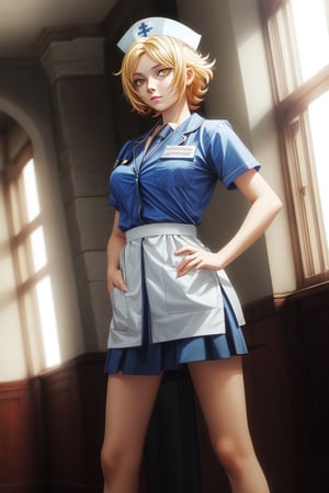 (Masterpiece), high quality, 1 girl,Yellow eyes,Short hair,Yellow hair,Blonde hair,chrisWestland, wearing nurse uniform, short_skirt, standing, looking_at_viewer, medium full shot, 