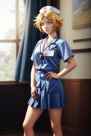 (Masterpiece), high quality, 1 girl,Yellow eyes,Short hair,Yellow hair,Blonde hair,chrisWestland, wearing nurse uniform, short_skirt, standing, looking_at_viewer, medium full shot, 