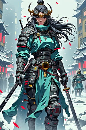 cyberpunk realistic anime style, a stunning japanese female warrior, long flowing hair, wearing samurai armour and helmet, holding a katana with both hands on a snowy battlefield, theme in teal, bright red and black colour, high quality, highly detailed