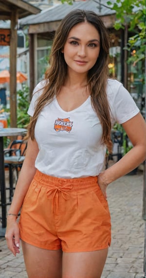 A beautiful woman, huge_boobies, valoptuous, outdoor,, long black  hair, medium full shot, looking_at_viewer, curvy_figure, being a Hooters waitress, wearing a Hooters uniform, short orange pants, tight white t-shirt,,lun4, 