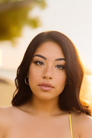 A photorealistic portrait of a 23-year-old Mexican American girl with medium, flowing brown hair striking brown eyes. very light freckles on upper cheeks. She should have a natural, approachable expression and be illuminated by soft, golden-hour sunlight. The background should be a scenic outdoor setting, perhaps a sunlit park or beach. Capture this image with a high-resolution photograph using an 85mm lens for a flattering perspective.,realhands