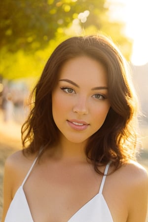 A photorealistic portrait of a 23-year-old American girl with medium, flowing brown hair and striking brown eyes. She should have a natural, approachable expression and be illuminated by soft, golden-hour sunlight. The background should be a scenic outdoor setting, perhaps a sunlit park or beach. Capture this image with a high-resolution photograph using an 85mm lens for a flattering perspective.,realhands