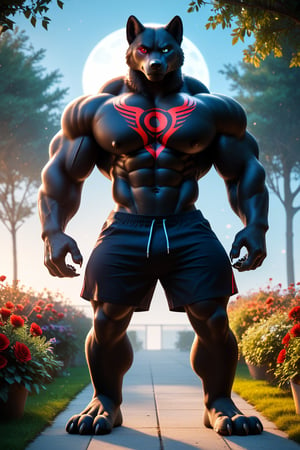 score_9, score_8_up, score_7_up, score_6_up, score_5_up, score_4_up, hyper growth, hyper Muscular, fursuit muscles, male alpha wolf in garden, black skin, red tattoo, waning moon tattoo on chest, ((heterochromia, blue left eye, red right eye)) dreamy background, kindness, ((serious, frightening expression)), unlimited light, magnificent sunset background, octane render, beautiful features, beautifully detailed eyes, intricate skin, detailed face, perfect skin texture, extreme details, full body vision,  cinematic lighting, professional lighting, centered, looking at the camera, 8k, shooting with Hasselblad X1D-50, maximum focus, depth of field, perfect lighting, light particles, (best quality), (masterpiece), (ultra detailed), sharp focus, light particles, standing, black shorts, standing, detailed legs, detailed paws. 