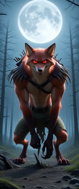 score_9, score_8_up, score_7_up, powerful and imposing male werewolf crino, heavily inspired Nick Wilde, stands tall under a full moon. His fur is thick and matted, tinged with shades of fiery orange and dark brown, while his glowing red eyes pierce through the night. His muscular frame is emphasized by the tattered remains of his clothes, shredded beyond repair, barely hanging on his sculpted body. Long, razor-sharp claws glisten in the moonlight, and his ultra-sharp white teeth are bared in a chilling howl, his head thrown back, filling the scene with an eerie atmosphere. His serious, almost predatory gaze cuts through the viewer, as if he's caught you in his sights.

In the background, a dark and misty forest casts ominous shadows, with twisted trees and faint silhouettes lurking in the distance, adding to the horror theme. The ground beneath him is cracked, as if his sheer power has left an imprint on the earth. The 3D rendering highlights every detail, from the individual strands of fur to the tension in his muscles, creating a cyber-realistic, photorealistic, and hyperrealistic blend. His torn clothes flutter slightly in the wind, adding movement to the otherwise frozen, intense moment. The glow of the full moon bathes him in a cold, bluish light, casting deep shadows on his face and body, further enhancing the mood of terror and strength.