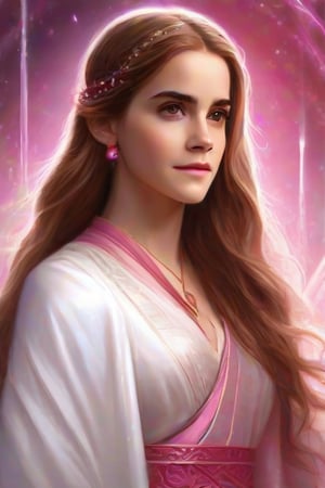  Emma Watson as magic healer goddess, long hair, white and pink cloth, D&D, shiny background, intricate, elegant, highly detailed, digital painting, artstation, concept art, smooth, sharp focus, illustration, .shot on Kodak Gold 400, photo realistic  