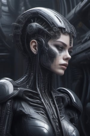 A cyborg woman in the style of H R Giger